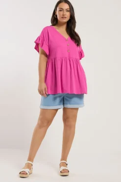 Yours Curve Pink Button Frill Sleeve Peplum Top