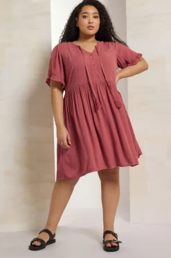 Yours Curve Pink Crochet Trim Tie Neck Mini Dress