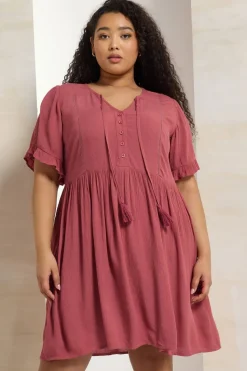 Yours Curve Pink Crochet Trim Tie Neck Mini Dress