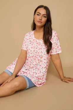 Yours Curve Pink Floral Print Broderie Anglaise T Shirt