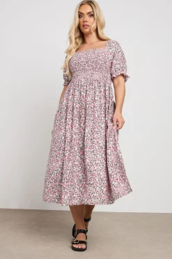 Yours Curve Pink Floral Shirred Square Neck Midaxi Dress