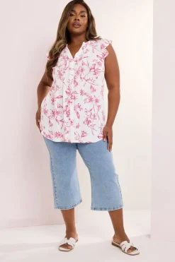 Yours Curve Pink Floral Sleeveless Pintuck Blouse