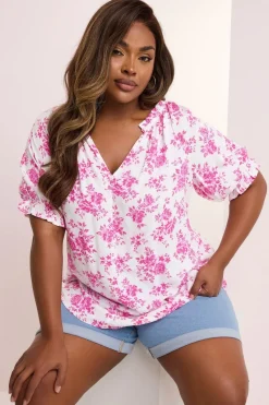 Yours Curve Pink Rose Print Notch Neck Blouse