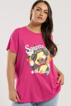 Yours Curve Pink Squeeze The Day Lemon Graphic Print T-Shirt