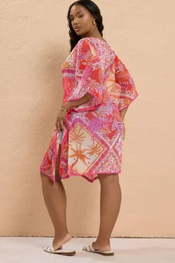 Yours Curve Pink Tropical Palm Print Chiffon Kimono