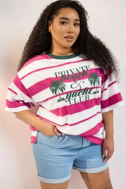 Yours Curve Pink 'Beach Club' Slogan Stripe T-Shirt