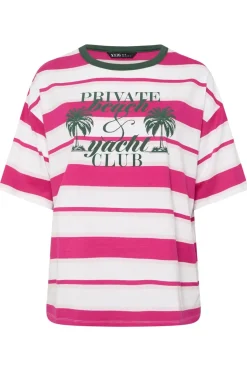 Yours Curve Pink 'Beach Club' Slogan Stripe T-Shirt