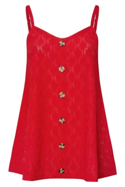 Yours Curve Red Broderie Anglaise Button Vest Top