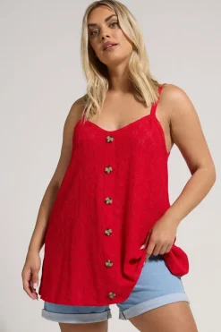Yours Curve Red Broderie Anglaise Button Vest Top