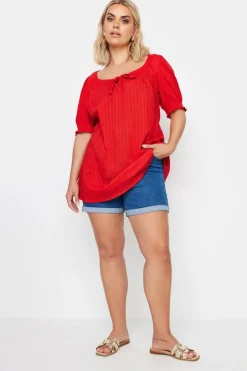 Yours Curve Red Dobby Tie Neck Blouse