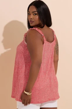 Yours Curve Red Gingham Tie Neck Frill Cami Top