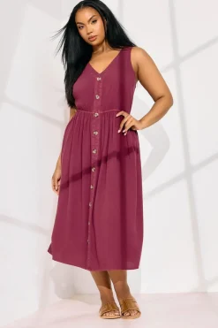 Yours Curve Red Sleeveless Button Through Chambray Dress