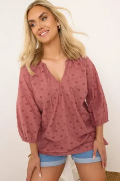 Yours Curve Rust Orange Floral Broderie Anglaise Tie Front Top