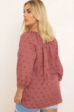 Yours Curve Rust Orange Floral Broderie Anglaise Tie Front Top