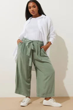 Yours Curve Sage Green Chambray Tie Waist Cropped Trousers