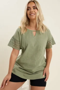 Yours Curve Sage Green Cheesecloth Crochet Top