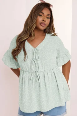 Yours Curve Sage Green Ditsy Floral Tie Front Peplum Top