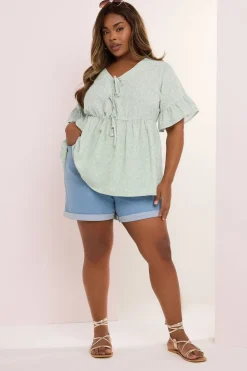 Yours Curve Sage Green Ditsy Floral Tie Front Peplum Top