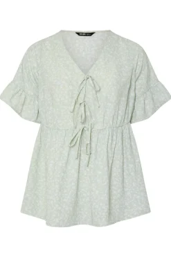 Yours Curve Sage Green Ditsy Floral Tie Front Peplum Top