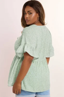 Yours Curve Sage Green Ditsy Floral Tie Front Peplum Top