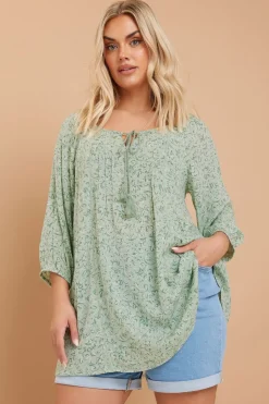 Yours Curve Sage Green Floral Paisley Print Tie Neck Top