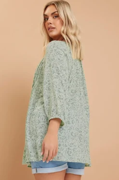 Yours Curve Sage Green Floral Paisley Print Tie Neck Top