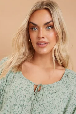 Yours Curve Sage Green Floral Paisley Print Tie Neck Top