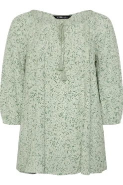 Yours Curve Sage Green Floral Paisley Print Tie Neck Top