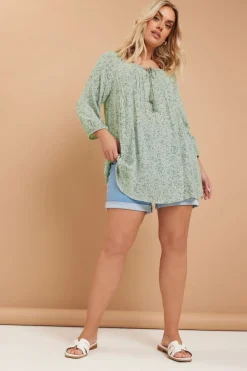 Yours Curve Sage Green Floral Paisley Print Tie Neck Top