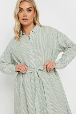 Yours Curve Sage Green Linen Stripe Shirt Dress
