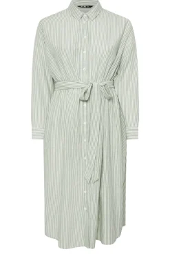 Yours Curve Sage Green Linen Stripe Shirt Dress