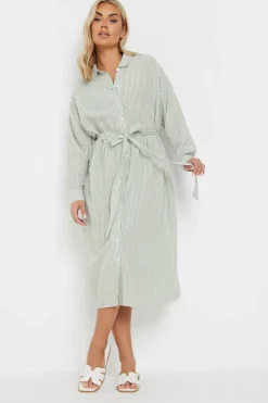 Yours Curve Sage Green Linen Stripe Shirt Dress