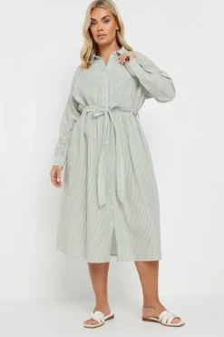 Yours Curve Sage Green Linen Stripe Shirt Dress
