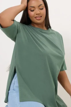 Yours Curve Sage Green Oversized Side Split T-Shirt