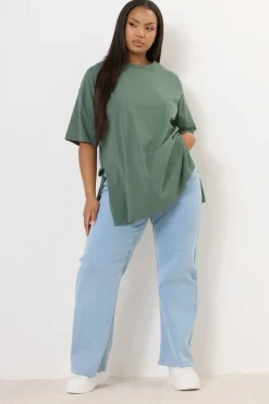 Yours Curve Sage Green Oversized Side Split T-Shirt