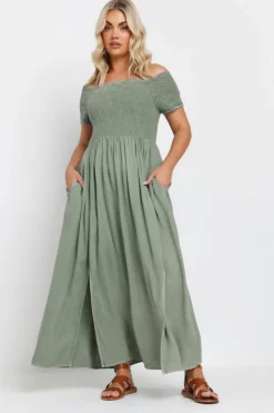Yours Curve Sage Green Shirred Bardot Chambray Maxi Dress