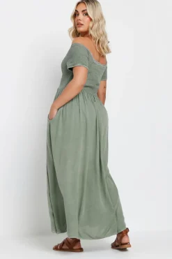 Yours Curve Sage Green Shirred Bardot Chambray Maxi Dress