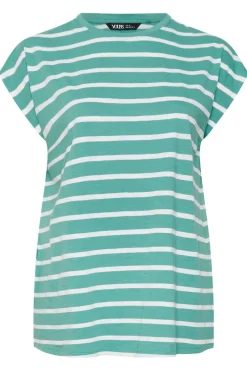 Yours Curve Teal Blue Striped Grown Sleeve Cotton T-Shirt