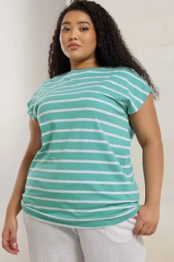 Yours Curve Teal Blue Striped Grown Sleeve Cotton T-Shirt