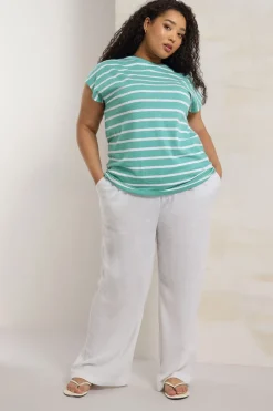 Yours Curve Teal Blue Striped Grown Sleeve Cotton T-Shirt