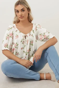 Yours Curve White & Pink Floral Tie Neck Blouse