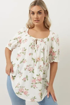 Yours Curve White & Pink Floral Tie Neck Blouse