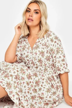 Yours Curve White & Pink Vintage Floral Textured Midaxi Dress
