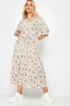 Yours Curve White & Pink Vintage Floral Textured Midaxi Dress