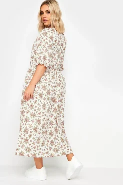 Yours Curve White & Pink Vintage Floral Textured Midaxi Dress