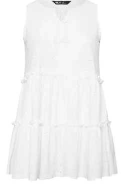 Yours Curve White Broderie Anglaise Tiered Vest Top