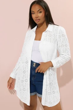 Yours Curve White Broderie Anglaise Long Sleeve Shirt