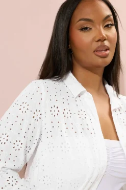 Yours Curve White Broderie Anglaise Long Sleeve Shirt