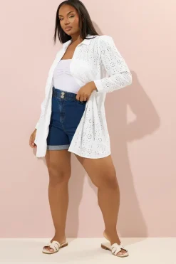 Yours Curve White Broderie Anglaise Long Sleeve Shirt