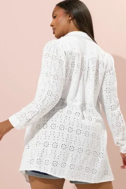 Yours Curve White Broderie Anglaise Long Sleeve Shirt